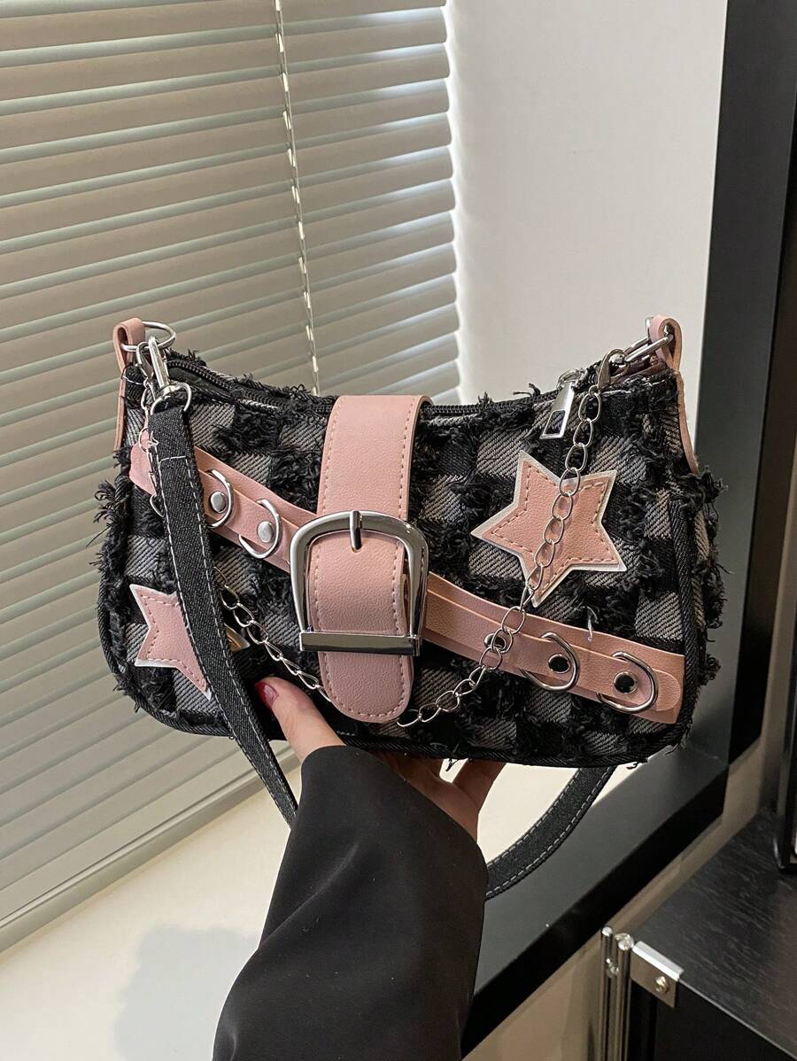 Y2K Fashionable Multi-Function Star & Moon Decor Unique Pink Chain Shoulder Bag,Women Baguette Bag, Niche Fashion Design, Steampunk, Goth, Lady's Bag