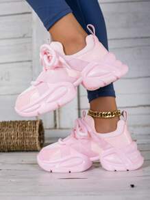 Women's Solid Color Mesh Thick Sole Sneakers, Lace-Up Breathable Running Shoes, Thick Sole Chunky Sneakers