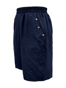 Plus Size Women Button Embellished Solid Color Casual Shorts - Navy Blue - View 4