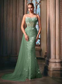 LUVISTRUE Goddess Temperament Sequins Splicing Summer Formal Dress Women Beaded Evening Gown For Charity Prom, Galas, Birthday Party, Red Carpet, Graduation Season Prom, Dinner Solid Color Spaghetti Strap Mermaid Gown Maxi Long Dresses - Mint Green - View 9