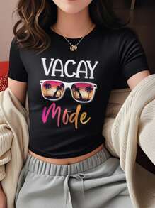 1 件女童休闲图案印花圆领短袖短款 T 恤，夏季学生年轻时尚 - 太阳镜和棕榈树艺术风格 T 恤激发想象力和自我表达，婴儿 T 恤 Y2K 女孩