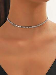 1pc Women's Flower-Shaped Double-Layer Zirconia Crystal Necklace, Fashionable Formal Dress Accessory - Silver - View 4