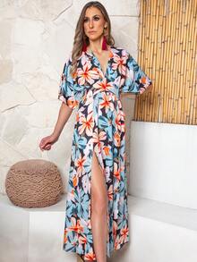 Vestido informal de verano con cuello en V y estampado floral para mujer,vestido casual mujer,Vestido de vacaciones en la playa - Naranja - Ver 2
