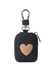 带有立体心形图案的耳机盒，小型 PU 便携式耳机盒，带网袋和钥匙扣的保护性收纳袋，无线耳机 USB 线，适合旅行、户外、度假、商务，小巧方便携带，可挂在包包、皮带上，多功能，母亲节礼物，节日礼物，情侣配饰