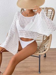 Women Lightweight Hollow-Out Semi-Sheer Loose Short Knitted Cardigans, Fashionable And Versatile Tops, Spring/Summer - White - View 1