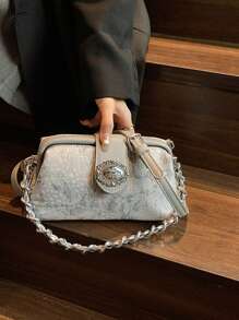 Túi xách Mini Chic Elegant Solid Color Zipper & Metal Chain, Túi Tote đeo vai nữ tối giản giản dị, Thích hợp để mua sắm, ví, mua sắm, Phụ nữ trẻ, Sinh viên đại học, Người mới đến và Nhân viên văn phòng. Lý tưởng cho văn phòng, trường đại học, công việc, kinh doanh, đi làm, ngoài trời, du lịch và đi chơi - Xám - Xem 12