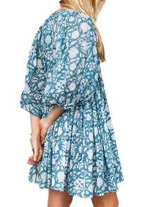 Women Mini Dress, Half Sleeve Lacing Flower Print Pleated Loose Summer Dress For Casual Daily - 藍色 - 查看 3