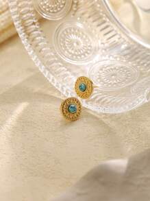 1 Pair Vintage Blue Turquoise Round Textured Earrings, Geometric Design Stainless Steel Jewelry, Suitable For Daily Wear And Holiday Gifts - Yellow Gold - View 2