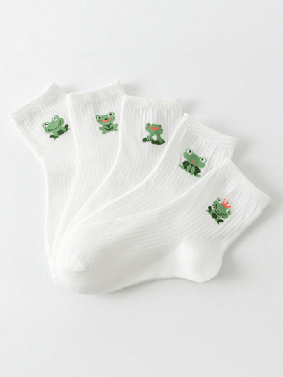 5 Pairs Cartoon Animal Print White Mid-Calf Ladies Socks, Comfortable Breathable Cute Socks, Gift