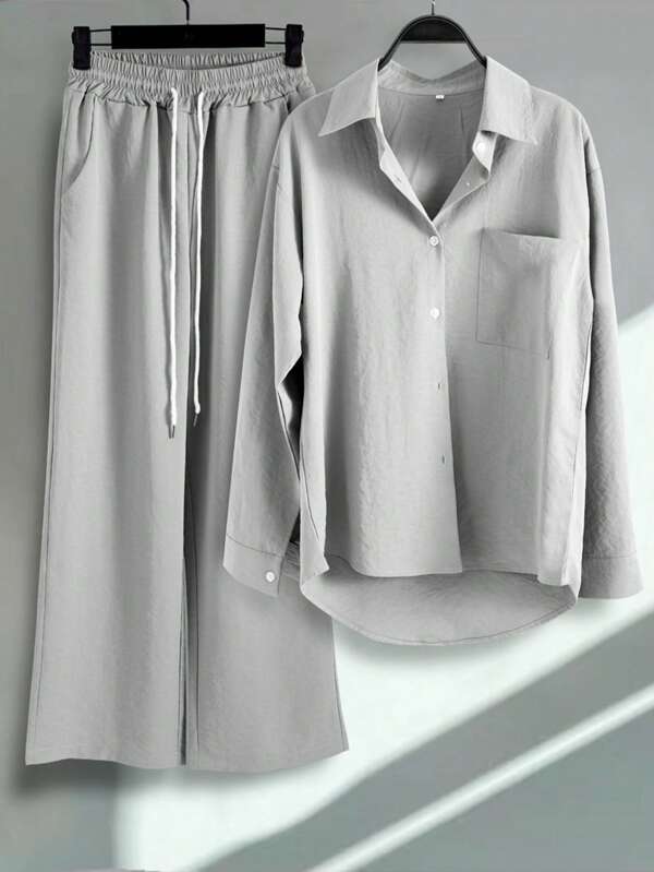 2pcs Women's Fashion Set: Button-Down Shirt & Drawstring Pants