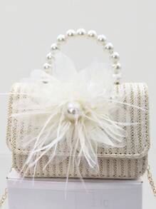 Straw Messenger Bag, Portable Faux Pearl Beaded Lace Bow Tote Bag, Ideal Gift Choice - White-beaded Bow - View 3