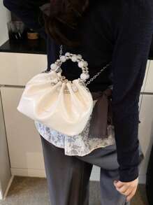 迷你褶皱云朵图案手提包，优雅气质，圆形珍珠设计时尚单肩包和斜挎包，适合通勤和工作 - 彩色 - 查看 8