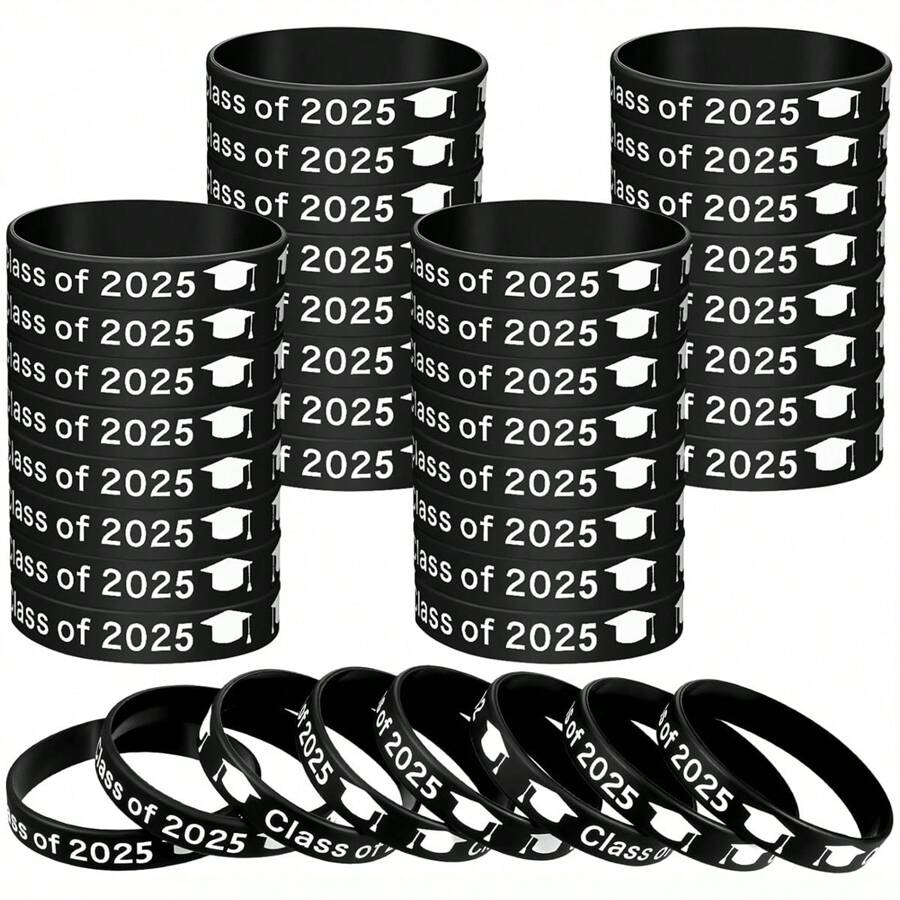 12/24/36 Pcs Class Of 2025 Silicone Wristbands Graduation Rubber Bracelets Black Graduation Wristbands For Elder Graduating In College University Graduation Party Supply - Black and White - View 1