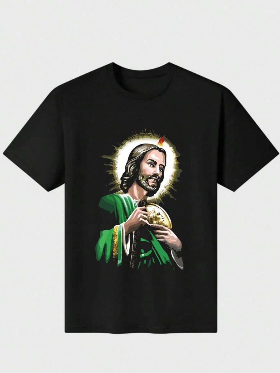 Camisa de hombre de Shirtbanc, camisa gráfica para hombres de Judas De Tadeo, con impresión digital casual, de puro algodón pesado. - Negro - Ver 1