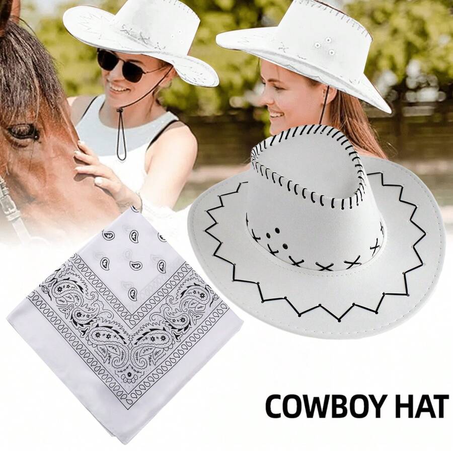 1/2X COWBOY HAT AND BANDANA WILD WESTERN FANCY DRESS COSTUME ACCESSORY - White - View 1