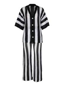 Women Hollow Out Striped Single-Breasted Knitted Top And Wide-Leg Pants Set