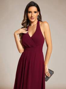 EVERPRETTY Halterneck Backless High Low Wedding Guest Dress In Chiffon, Bridesmaid Dress - Burgundy - View 5