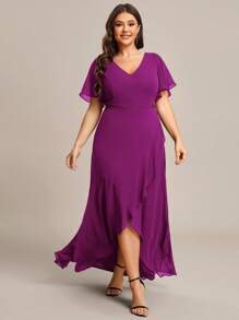 EVERPRETTY Plus Size V-Neck Asymmetric Ruffle Chiffon Bridesmaid Dress, Autumn Wedding Guest Dress - Red Violet - View 4