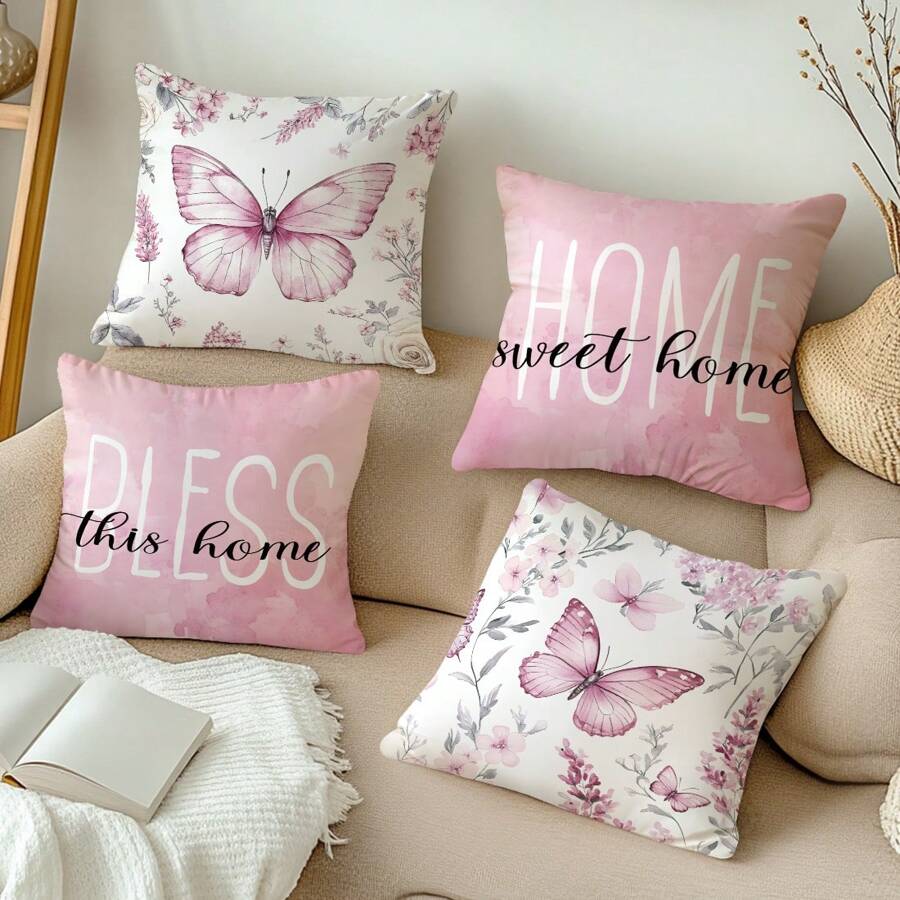 MEMNUN 4件套，尺寸分别为17.7*17.7英寸（45*45厘米）、19.69*19.69英寸（50*50厘米）和15.75*15.75英寸（40*40厘米），“温馨家园”水彩蝴蝶印花涤纶抱枕套，粉色，单面印花，不含枕芯，家居装饰，适用于室内/室外，客厅、卧室、沙发、汽车等，是馈赠亲朋好友的完美礼物。