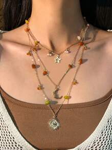 1pc Vintage Multi-Element Metal Moon, Star, Sun Pendant Necklace, Boho Asymmetrical Turquoise & Faux Pearl Beaded Necklace, Suitable For Women Daily & Vacation Decoration (The Size And Color Depth Of The Turquoise Shape Are Random And Subject To The Actual Item)