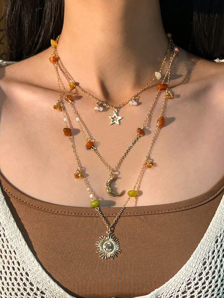 1pc Vintage Multi-Element Metal Moon, Star, Sun Pendant Necklace, Boho Asymmetrical Turquoise & Faux Pearl Beaded Necklace, Suitable For Women Daily & Vacation Decoration (The Size And Color Depth Of The Turquoise Shape Are Random And Subject To The Actual Item)