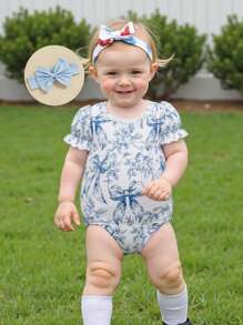 Baby Girl Bow Print Romper Ruffle Sleeve Bodysuit With Bow Headband Cute Summer Clothes 2Pcs Set - Blue - View 2