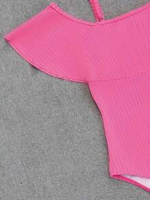 2024 New Striped Flounce Trim One-Piece Swimsuit, Casual Fashion Women Swimwear - Pink - View 4