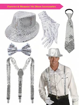 Forever & Moment 5 Piece 70s Disco Glitter Embellished Suit, Glitter Sequined Suspenders, Hat, Bowknot, Tie And Gloves - Ideal For Holiday Celebrations Musical Festival Gift Party Halloween