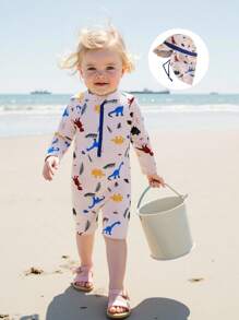 6M-4T Toddler Baby Boy Girls Dinosaur Swimsuit Half Zipper Long Sleeve Rash Guard Bathing Suit With Sun Hat With Neck Flap 2Pcs Set - Khaki - View 1