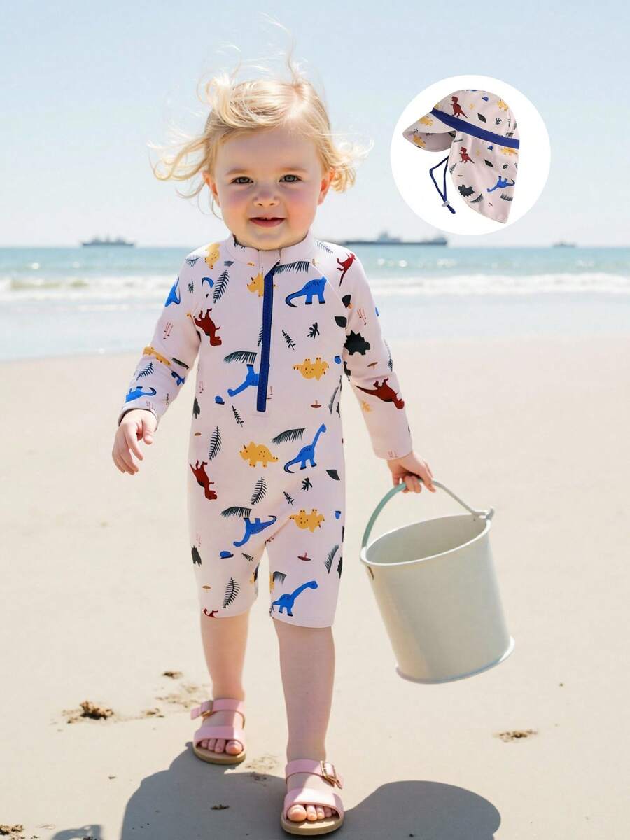 6M-4T Toddler Baby Boy Girls Dinosaur Swimsuit Half Zipper Long Sleeve Rash Guard Bathing Suit With Sun Hat With Neck Flap 2Pcs Set - Khaki - View 1