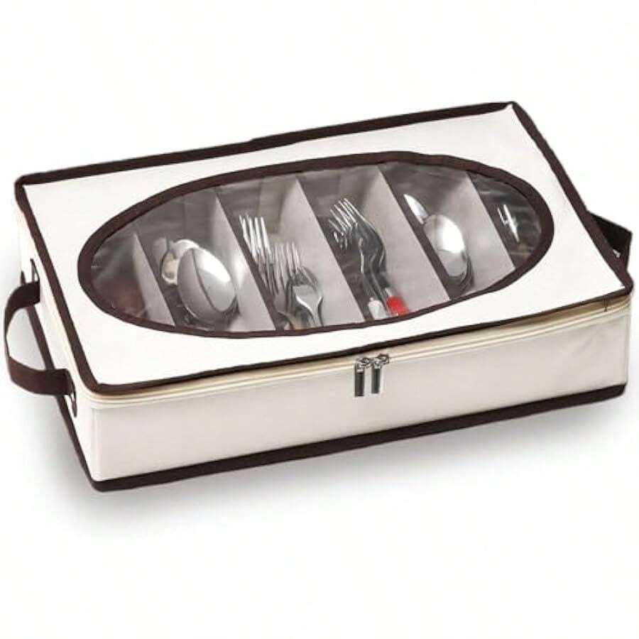 Hiceeden Silverware Organizer With Zipper Lid 16.5"*10.6"*3.5" Flatware Storage Box With Adjustable Dividers And Handles Portable Cutlery Holder Utensil Case For Spoon Fork Knife 6 Compartment - Nude1 - View 1