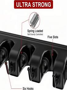 1 Piece Broom Rack Wall Mounted - Mop And Broom Rack - Garage Storage Rack And Garden Tool Organizer - 5 Position 6 Hook Broom Rack For Home, Kitchen, Garden, Tool, Garage Organization - Black - Black - View 6