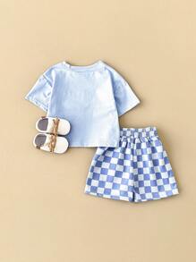 Baby Boy 2pcs/Set Casual Solid Color Short Sleeve T-Shirt With Plaid Patterned Shorts, Summer - Blue - View 9