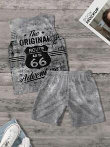 Men's Letter & Graphic Print Sleeveless Round Neck Tank Top & Shorts Set - Multicolor - View 3