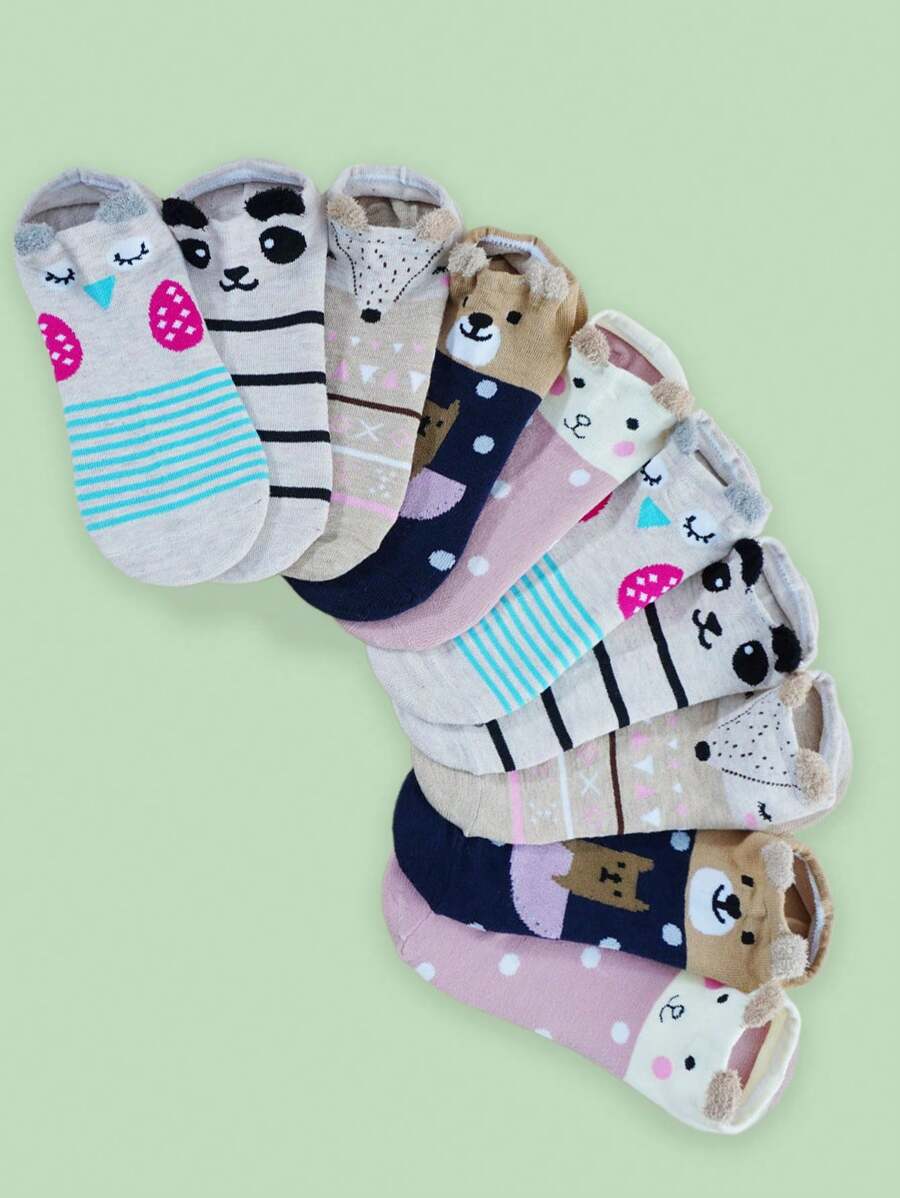 10 Pairs Women Personalized Cartoon Silicone Non-Slip Jacquard Breathable Comfortable Versatile Ankle Socks