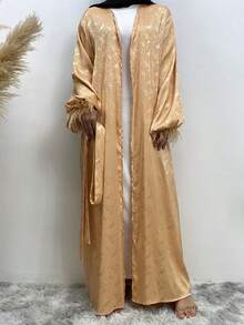 Feather Cuff Print Satin Middle Eastern Style Cardigan For Women - Gold - View 1