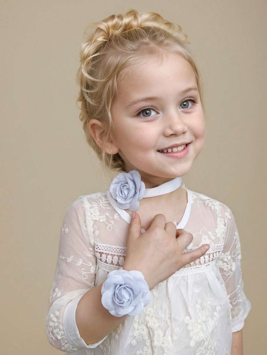 2pcs Girls Toddlers Rose Flower Bowknot + Wristband Bracelet 2-Piece Set, Baby Girl Bow Flower Outfit, Wedding Dress Decoration, Kids Party Accessory, Bridal Decor