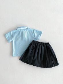 女童学院风卡通 Polo 衫和百褶裙套装，开学季