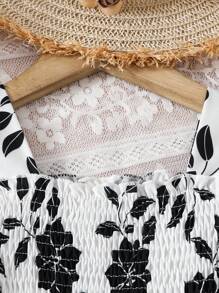 European & American Style Girls Casual Leaf Printed Dress, Short Sleeve Holiday Wear Lightweight Princess Dress