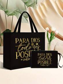 2pcs Black Linen Set With Metal Flower & Letter Graphic, Personalized Gift For Wedding Anniversary And Friend's Birthday; Women's Fashion Canvas Tote Bag With Button, Thick Linen Material, Suitable For Shopping