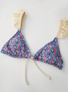 Women's Floral Print 2 Piece Bikini Sets Ruffle Tie Back Padded Bra Triangle Thong Bottoms Bathing Suit Swimsuits Summer Vacation Beachwear For Teen Girls - Màu tím - Xem 7