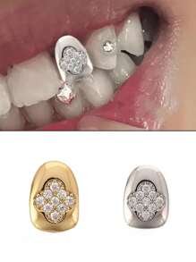 1 pièce Grillz de style hip hop élégant en bronze avec des pierres en zircone étincelantes, cadeau de fête d'Halloween ; Accessoire de vampire