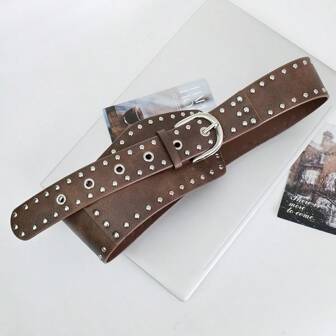 1 件朋克风格铆钉腰带，带弧形扣，棕色，建议搭配连衣裙