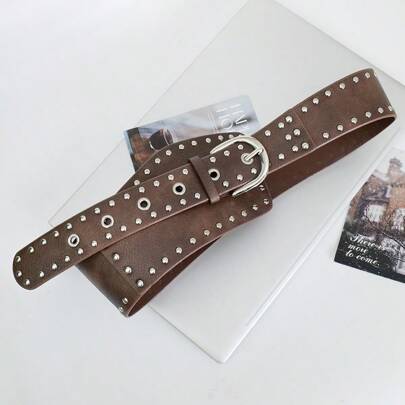 1条朋克风铆钉腰带，弧形扣棕色腰带，推荐搭配连衣裙