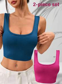 Conjunto de 2 piezas de top sin mangas de color rosa azul sólido, camiseta corta acanalada de verano versátil y casual para llevar por debajo