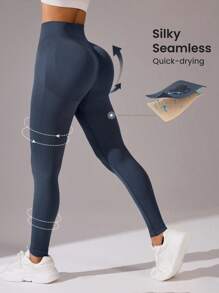 Seamless High-Elasticity Women's Solid Color Sports Leggings,Women Tuck In The Abdomen Leggings,Lift The Buttocks And Slim The Legs Leggings,Soft Touch Quick Dry Breathable Four-Way Stretch Hip Lift Leggings For Women,Multi-Color Options (Black/Brown/Blue/Green) - Màu xanh lam - Xem 1