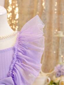 Đầm công chúa chữ A lưới cổ vuông viền bèo nhún dễ thương cho bé gái, thời trang đa năng ngọt ngào, thích hợp mặc hàng ngày, dự tiệc, đi chơi, xuân/hè - Màu tím - Xem 5