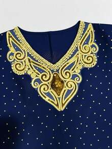 Women's Elegant Solid Color Arabic Middle East Abaya Dress, V-Neck Long Sleeve, Lace Floral Collar, Beaded, Metallic Print, Modest Kaftan