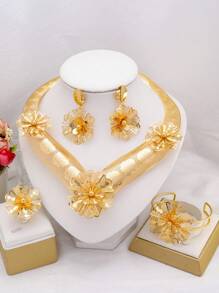 5pcs/Set Dubai Style 18K Gold-Plated Copper Materials Wedding Jewelry Set For Women, African Bride Necklace Bracelet Earrings Ring - Gold - View 1