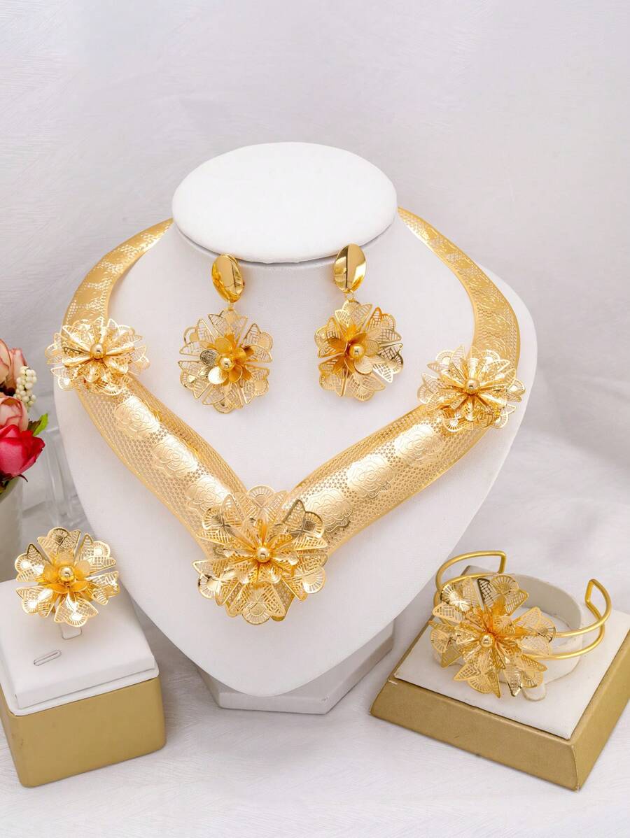 5pcs/Set Dubai Style 18K Gold-Plated Copper Materials Wedding Jewelry Set For Women, African Bride Necklace Bracelet Earrings Ring - Gold - View 1